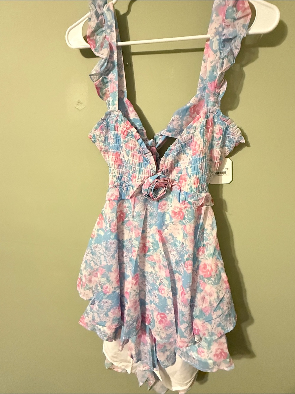NWT Altar’d State Blue Pink Floral Smocked Mini Romper XL Cottagecore